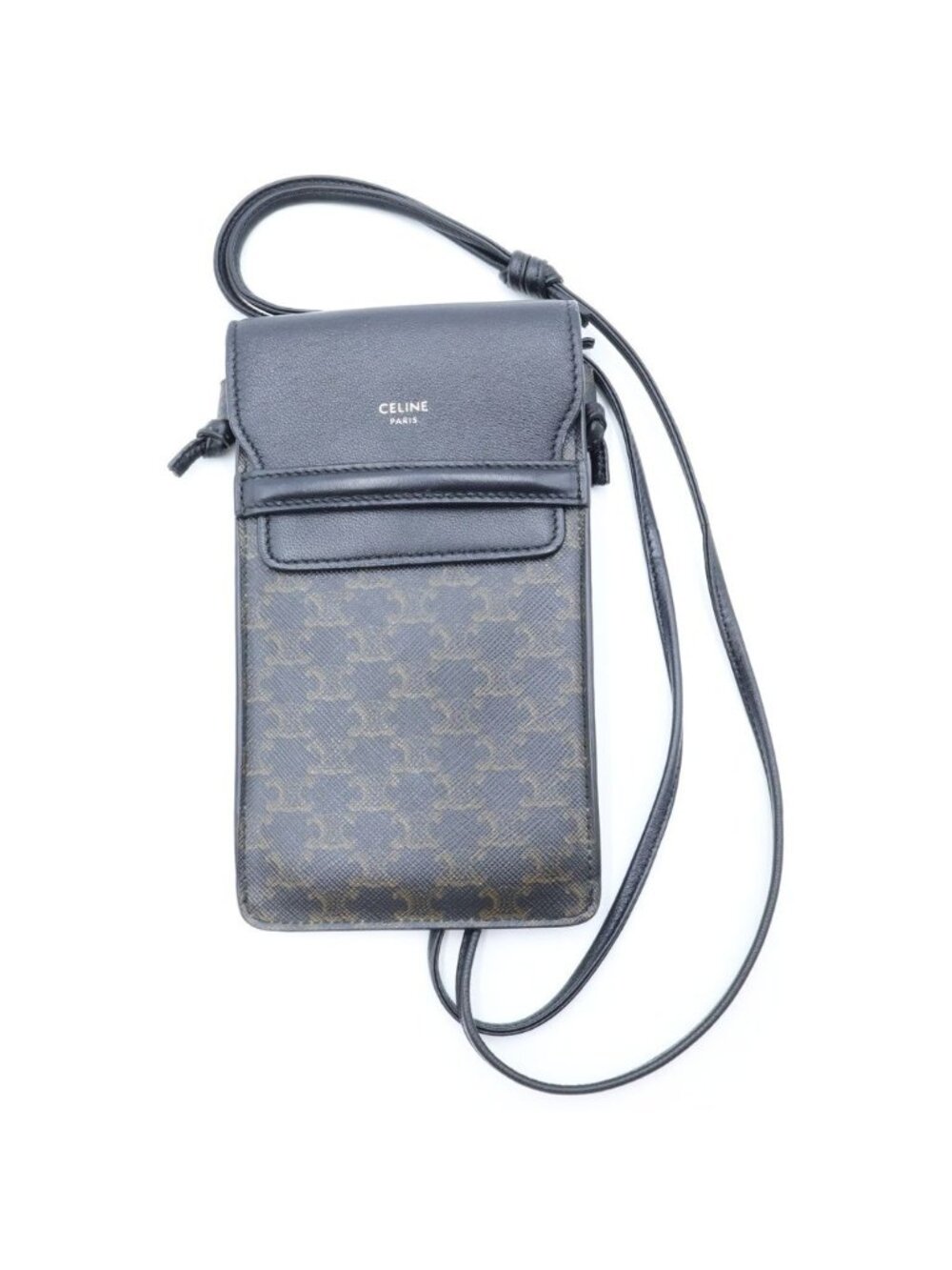 Celine Triomphe Macadam Pattern Smartphone Holder Shoulder Bag Black Leather